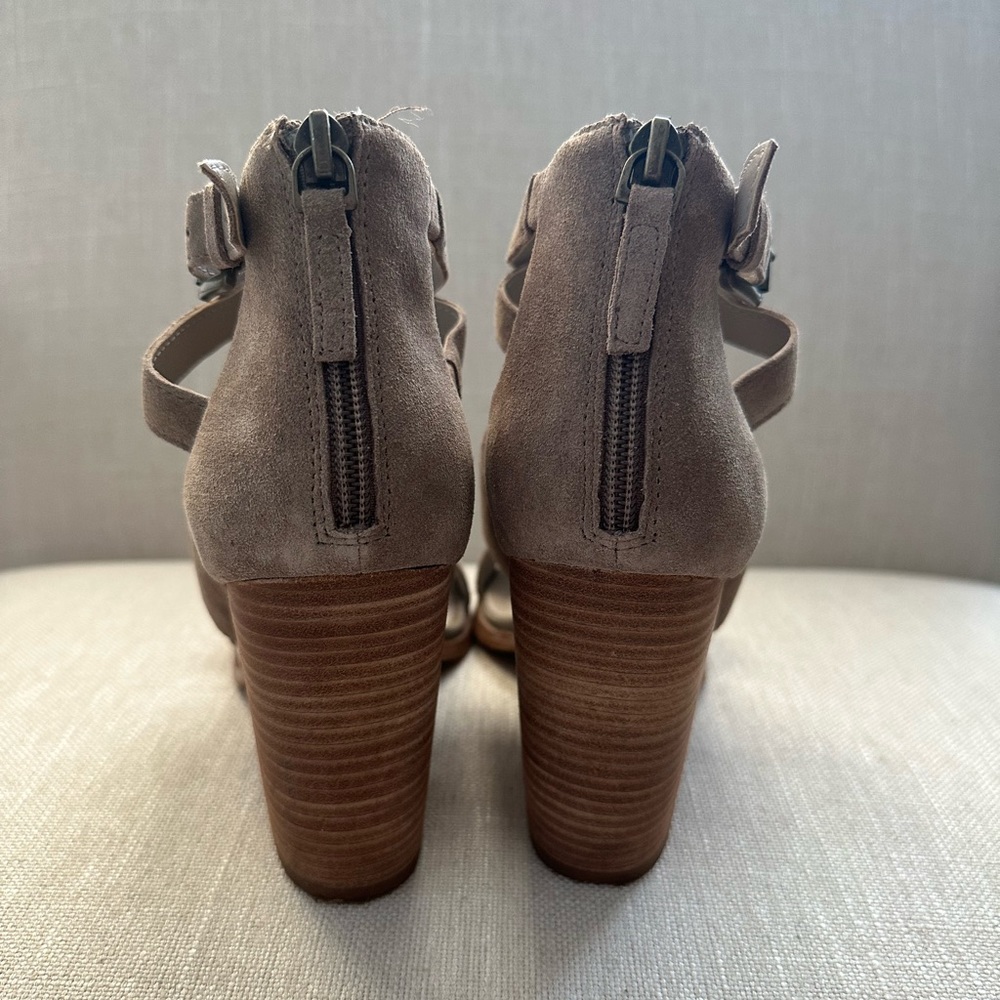 Hinge Taupe Suede Heeled Sandals - Size 7.5 - Picture 3 of 11